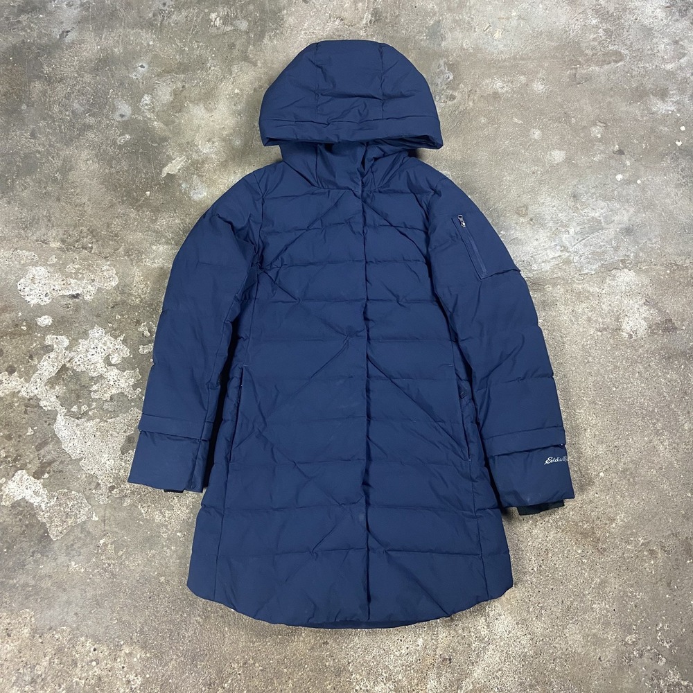 Eddie Bauer Down Puffer Parka Jacket Women's Size XS Navy Hooded Full Zip Coat